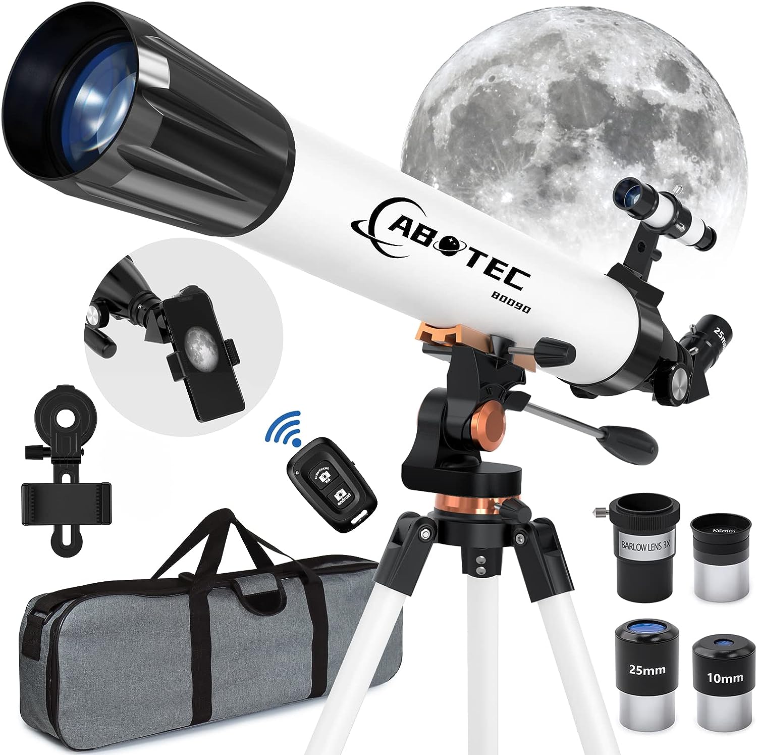 ABOTEC Telescope for Adults Astronomy, 90mm Aperture 800mm Refractor Telescopes for Kids  Beginners, (32X-400X) Multi-Coated High Transmission Telescope with Carry Bag  Phone Mount Wireless Control