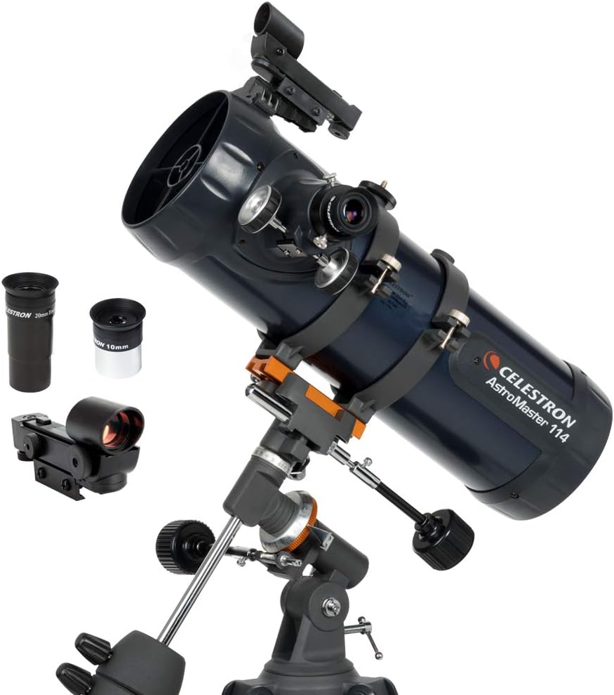 Celestron - AstroMaster 114EQ Newtonian Telescope - Reflector Telescope for Beginners - Fully-Coated Glass Optics - Adjustable-Height Tripod - Bonus Astronomy Software Package