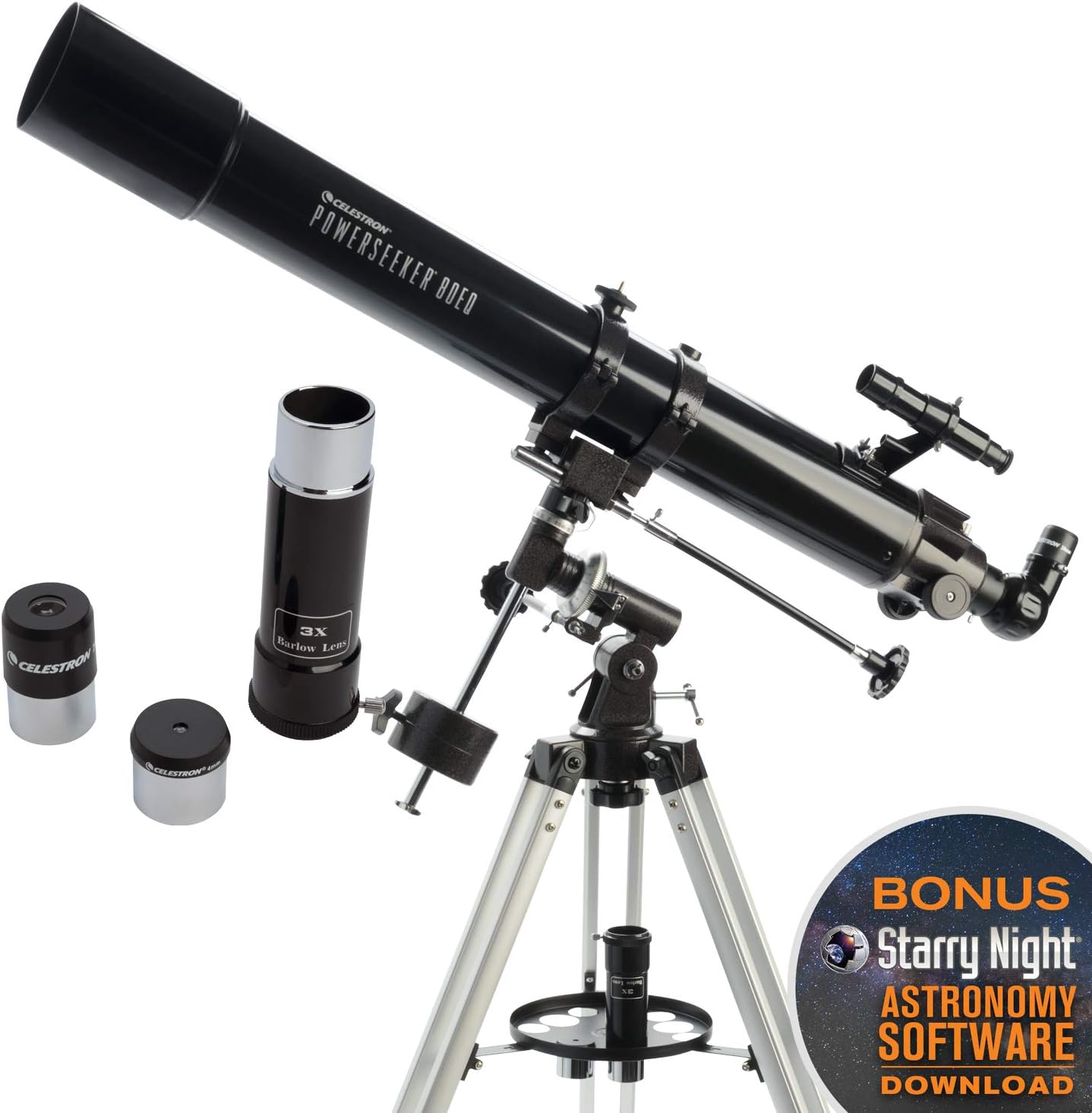 Celestron - PowerSeeker 80EQ Telescope - Manual German Equatorial Telescope for Beginners - Compact and Portable - BONUS Astronomy Software Package - 80mm Aperture