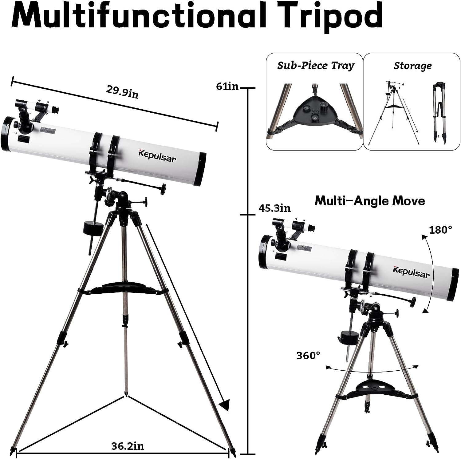 ESSENWI 114EQ Reflector Telescope for Adults Astronomy, w/ 3 Eyepieces, 3X Barlow Lens, Moon Filter, Fully-Coated Glass Optics, Adjustable Equatorial Mount Tripod for Beginners Astronomer, White