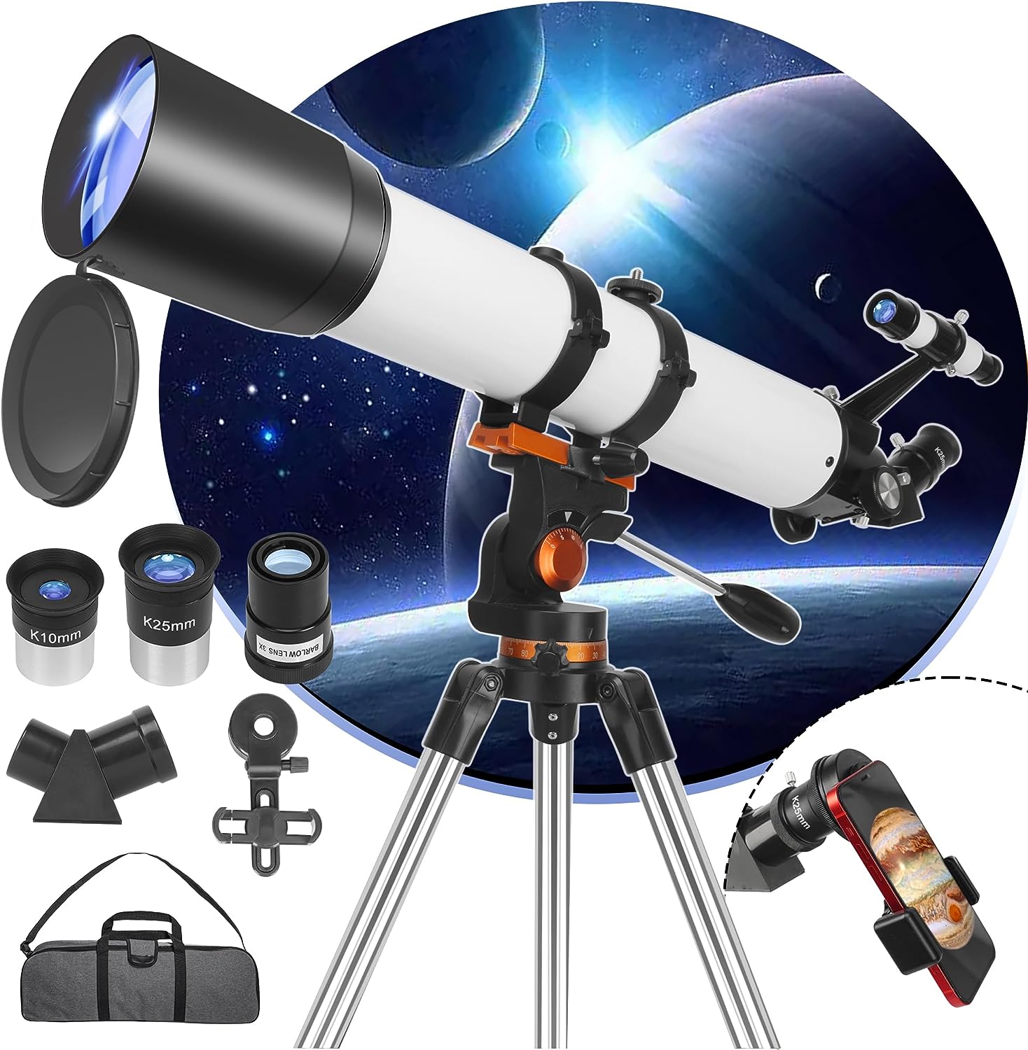 HAWKKO Telescopes, 90mm Aperture Telescope for Adults Astronomy, 700mm Refracting Telescope Fully Multi-Coated High Transmission Coatings with AZ Mount Tripod Phone Adapter Viewing Planets and Stars