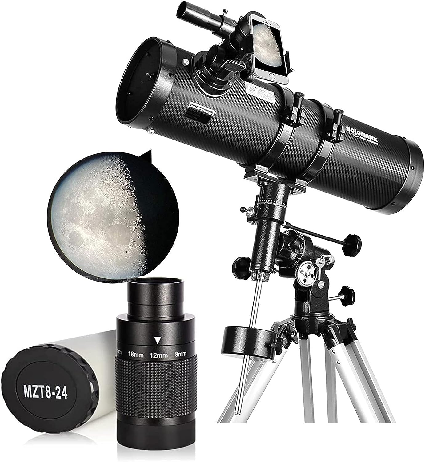 SOLOMARK Telescope 130650EQ, Telescopes for Adults and 1.25inch Deluxe Zoom Telescope Eyepiece 8-24mm with T-Thread, Continuous Zooming Variable